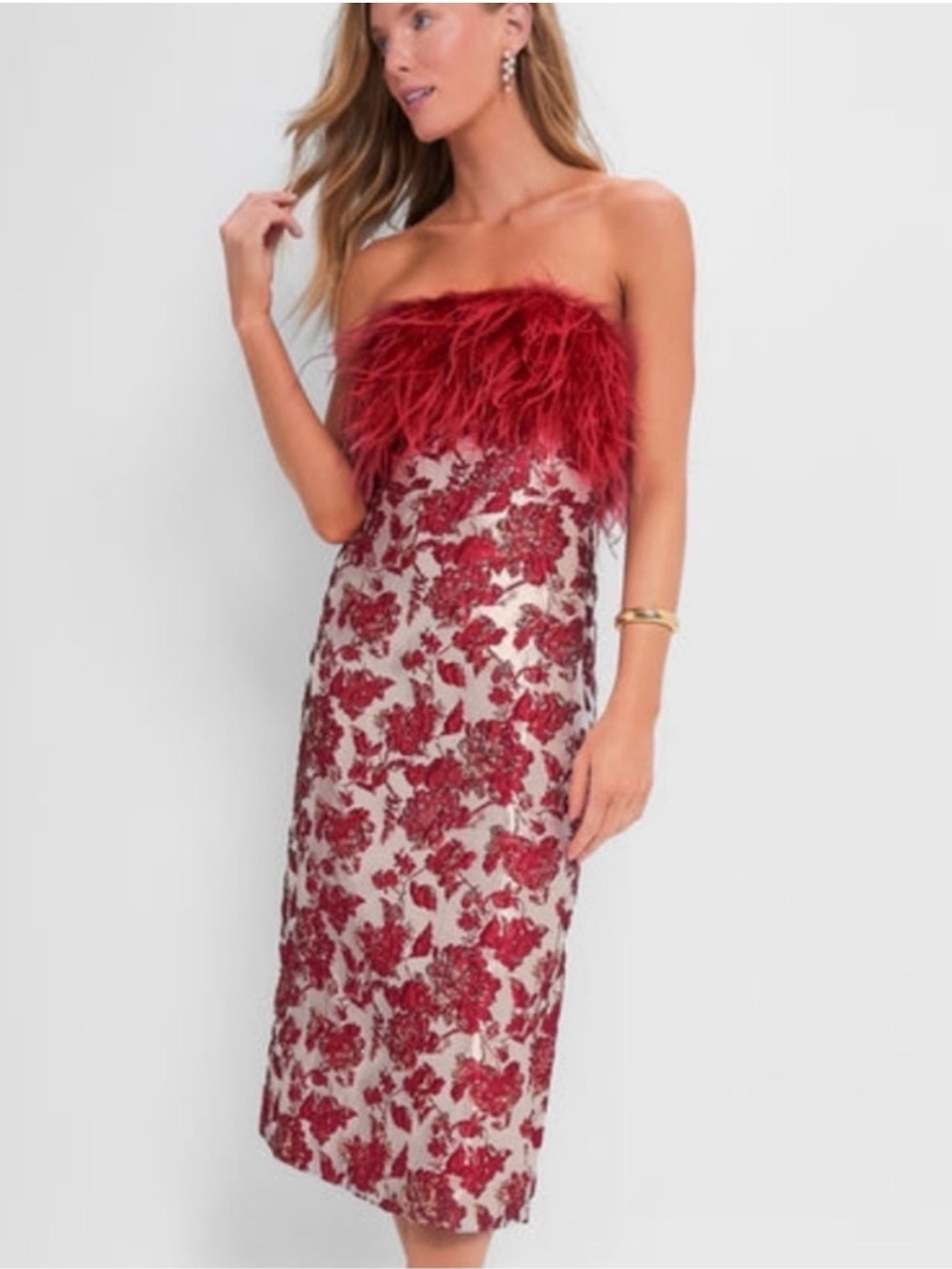 HYACINTH HOUSE Red Jacquard Feathered Reina Maxi Dress Size Medium